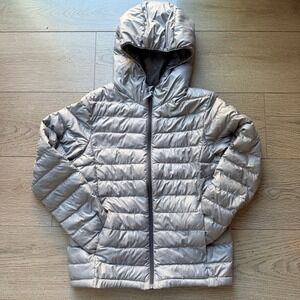 Uniqlo Puffer Jacket Silver Metallic Hooded Full Zip Kids Size 11